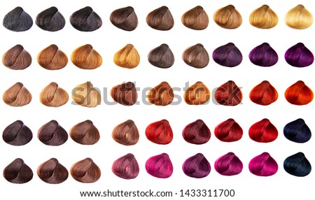Hair palette dyed different colors. Hairstyle wig tints set for beauty industry. Isolated background.