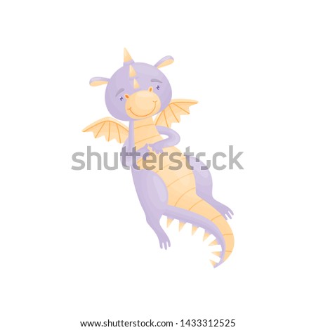 Lilac dragon flies up. Vector illustration on white background.