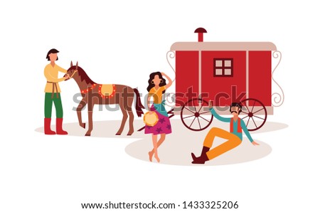 Gypsies or Romani traditional scene with horse drawn carriage wagon and people ethnic characters dancing, flat cartoon vector illustration isolated on white background.