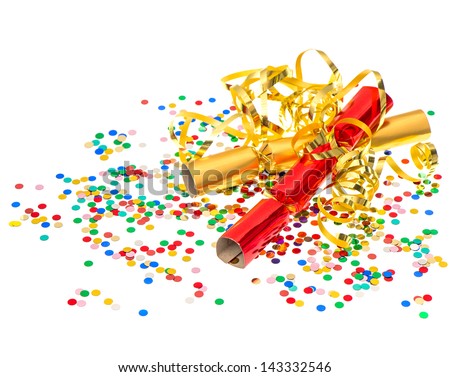 golden streamer, party cracker and multicolor confetti over white background. festive decoration