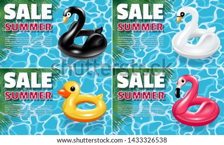 Set of banners for the summer sale. Inflatable circles - Pink flamingo, duckling, black and white swan. Against the background of water in the pool and exotic palm leaves. Advertising. Vector  
