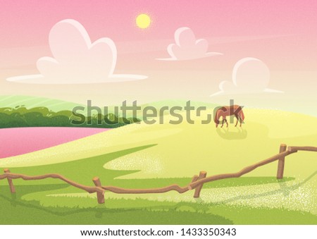 Summer cute sunny cartoon rural glade hills landscape view with grazed horse on the field. Cartoon  illustration for greeting card, game, banner, poster. Film camera noise effect.