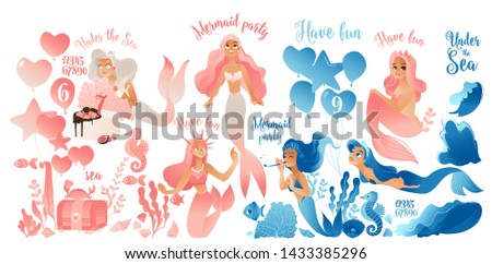 Mermaid party - cute cartoon character set in pink and blue, pretty ocean creatures swimming with sea fish and balloons and numbers, isolated vector illustration on white background