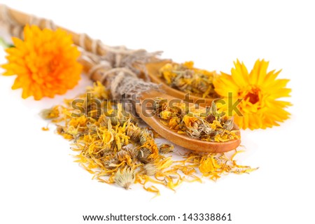 Fresh and dried calendula flowers in wooden spoons isolated on white