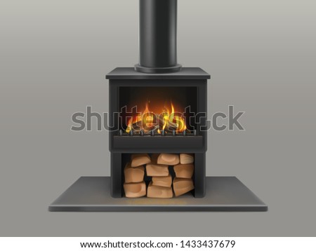 Classic open fireplace with black chimney pipe, dry wood chunks storage, firewood burning red, hot flame in metallic stove isolated 3d realistic vector. Modern mouse heating equipment illustration Royalty-Free Stock Photo #1433437679