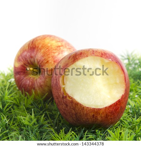Part of the bitten apple lying on green grass