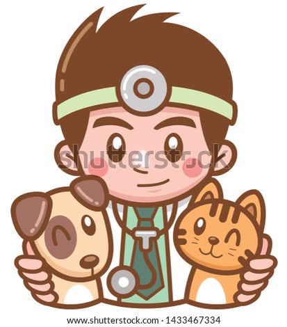 Vector illustration of Cartoon Pet male Doctor hug dog and cat