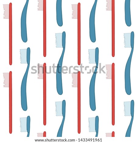 Seamless hand drawn dentistry vector pattern. Red and blue coloured toothbrushes isolated on white background. Simple geometric poster. Dental illustration. Perfect for wallpaper or fabric.
