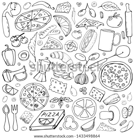 Vector background with breakfast, lunch, coffee, pizza, snacks. Useful for packaging, menu design and interior decoration. Hand drawn doodles.  Sketchy collection of food elements on white background.