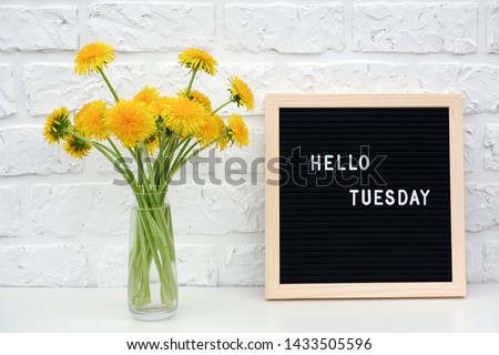 Hello Tuesday words on black letter board and bouquet of yellow dandelions flowers on table against white brick wall. Concept Happy Tuesday. Template for postcard. Royalty-Free Stock Photo #1433505596