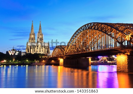 Cologne Dom and city skyline at night, Cologne, Germany Royalty-Free Stock Photo #143351863