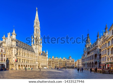 Grand Place (Grote Markt) with Town Hall (Hotel de Ville) and Maison du Roi (King's House or Breadhouse) in Brussels, Belgium. Grand Place is tourist destination in Brussels. Cityscape of Brussels. Royalty-Free Stock Photo #1433527946