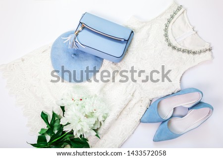 Summer female outfit. Set of clothes, shoes and accessories with peonies flowers. Handbag, beret and dress