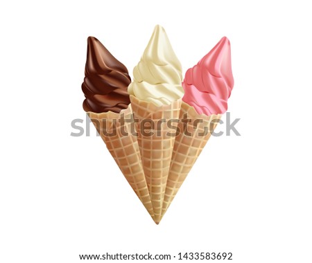 vanilla, fruit and chocolate   ice cream in the cone waffle on white background vector