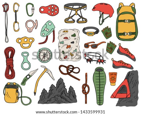 Set of hand-drawn climbing icons isolated on white background. Doodle color vector illustration of equipment, tools and accessories for alpinism and mountaineering