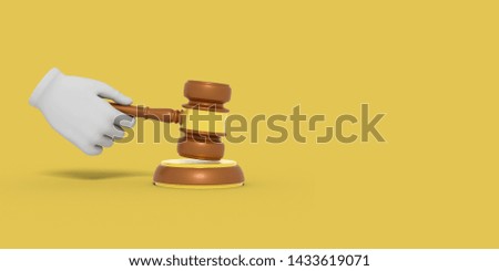 Cartoon hand is holding a judge's gavel. Illustration on color background. 3D-rendering.