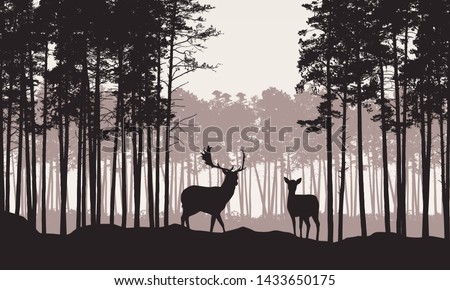 Realistic illustration of landscape with coniferous forest with pine tree and morning retro sky. Deer and doe with antlers standing. Suitable as advertising for hunting or nature - vector