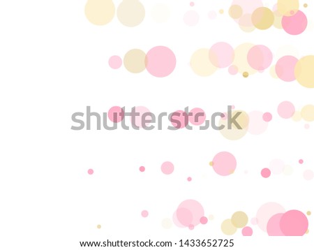 Rose gold confetti circle decoration for Christmas card background. Holiday vector decor. Gold, pink and rose color round confetti dots, circles scatter on white. Trendy airy bokeh background.