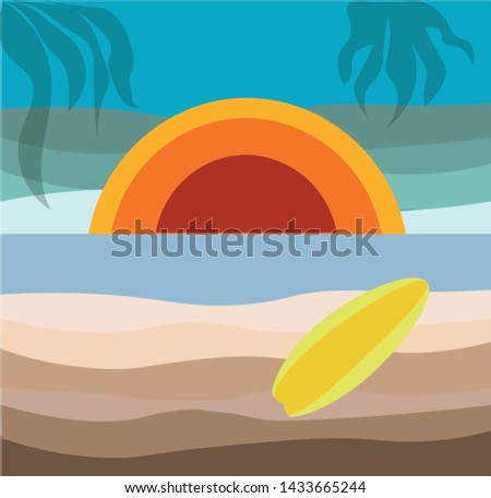 This is a vector and illustration design of summer time. It has the sun, sea, beach, surfboard. 