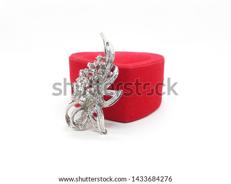 Cute Beautiful Lovely Red Heart Shaped Jewelry Container with Silver Shiny Artistic Stylish Bros in White Isolated Background