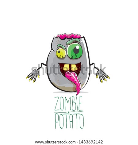 vector funny cartoon cute grey zombie potato character isolated on white background. My name is zombie potato vector concept halloween background. monster vegetable funky character