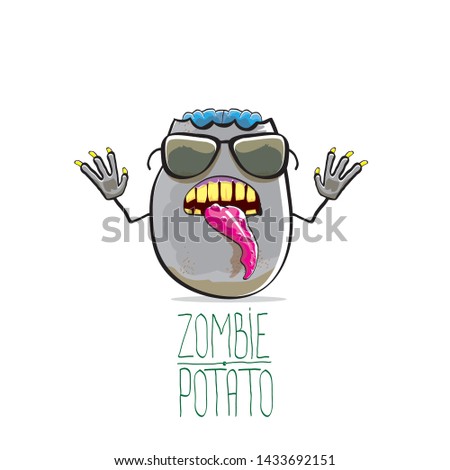 vector funny cartoon cute grey zombie potato character isolated on white background. My name is zombie potato vector concept halloween background. monster vegetable funky character