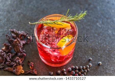 Beautiful hibiscus kombucha cocktail with gin and vodka, decorated with rosemary branch. Royalty-Free Stock Photo #1433710127