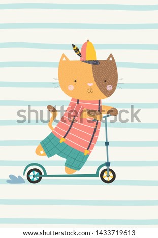 Cute cat on a scooter. Vector illustration in a scandinavian style. Cute and funny poster.