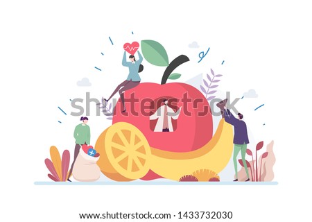 Healthy Organic Diet Nutrition Vector Illustration Concept Showing nutrition expert suggesting healthy diet to patient, Suitable for landing page, ui, web, App intro card, editorial, flyer, and banner Royalty-Free Stock Photo #1433732030
