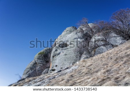 Forms of rocks in the Valley of ghosts in the Demerdzhi mountain range near the city of Alushta in the Crimea