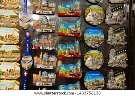 VIENNA, AUSTRIA: Souvenirs in the market for tourists. The magnet on the memory.