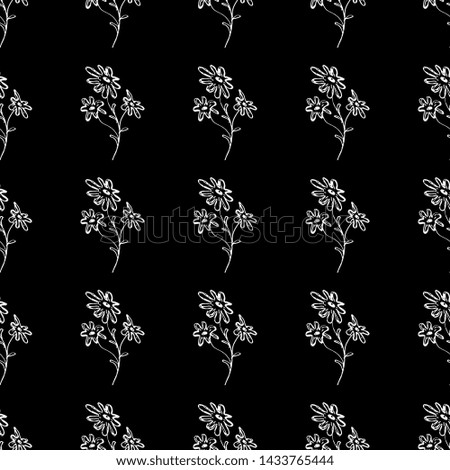 Seamless hand drawn pattern of abstract chamomile flowers isolated on black background. Vector floral illustration. Cute doodle modern isolated pop art elements. Outline.