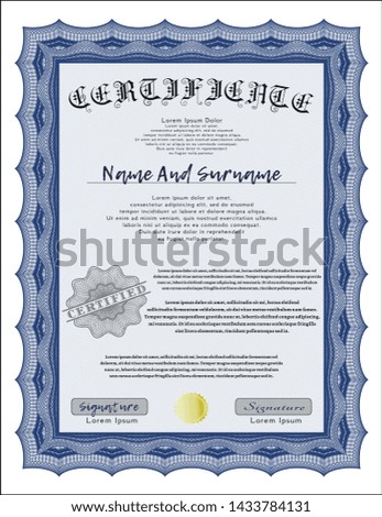 Blue Certificate or diploma template. Modern design. Detailed. With linear background. 