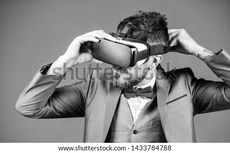 Virtual work. businessman in VR headset. Visual reality. bearded man wear wireless VR glasses. Digital future and innovation. use future technology. virtual reality goggles. Modern business. So real.