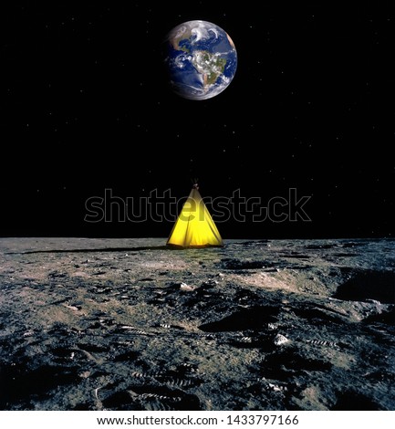 Vacation on the Moon. Space tourism concept. 
Photo of lunar landscape and Earth with 3d rendering object. Elements of this image furnished by NASA