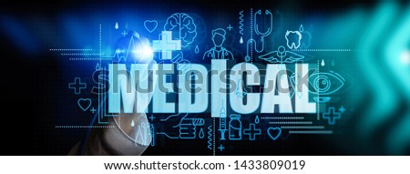Medicine doctor hand with stethoscope working with icon medical network connection on virtual screen interface as Modern medical technology and innovation concept