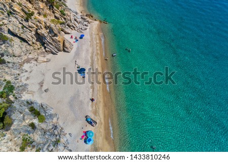 Top view of Fava Beach in Vourvourou at Chalkidiki, Greece. Aerial Photography.
