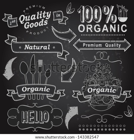 Vector set: calligraphic design elements and page decoration, Premium Quality and Natural Product, Organic Food. Vintage label collection.