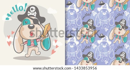 child illustration cute dog little pirate cartoon  seamless pattern- vector