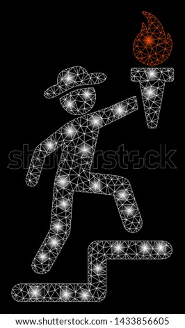 Flare mesh gentleman climbing with torch with lightspot effect. Abstract illuminated model of gentleman climbing with torch icon. Shiny wire frame polygonal mesh gentleman climbing with torch.