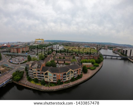 aerial view on river and bridge in belfast northern ireland. beautiful landscape by city view from above