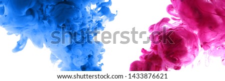 Acrylic colors and ink in water. Abstract background. Isolated on white. Horizontal banner.