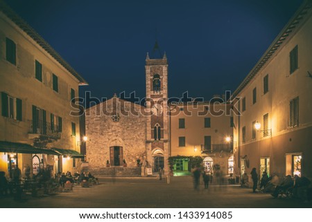 Night view of ancient Tuscany city San Quirico Dorcia, in Italy. Travel european background. Royalty-Free Stock Photo #1433914085