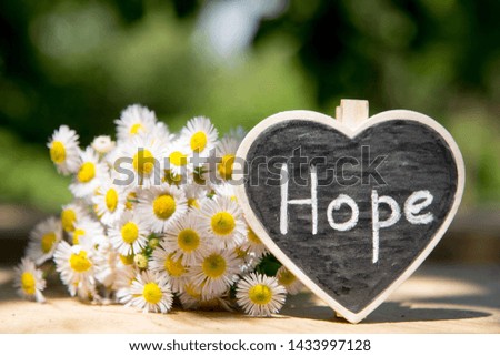 Hope inscription on the heart, sharing hope concept, green bokeh background