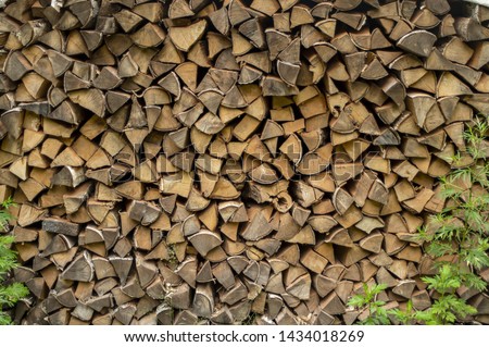 Pile firewood prepared for fireplace. Kiln dried wood for fire. Birch background.