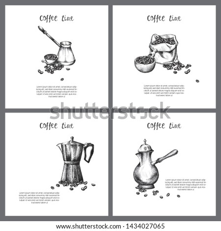 Coffee time cards templates kit, vintage sketch elements on white background