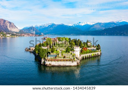 Isola Bella and Stresa town aerial panoramic view. Isola Bella is one of the Borromean Islands of Lago Maggiore in north Italy. Royalty-Free Stock Photo #1434045839