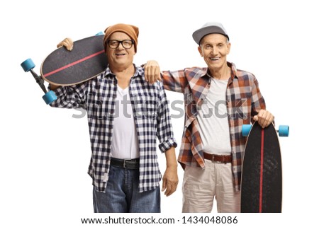 Two elderly men skaters with longboards isolated on white background