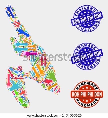 Vector handmade collage of Koh Phi Don map and rubber stamp seals. Mosaic Koh Phi Don map is designed with random bright colorful hands. Rounded stamp imprints with unclean rubber texture.