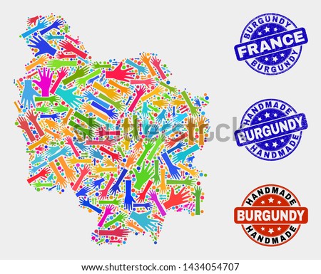 Vector handmade composition of Burgundy Province map and scratched stamp seals. Mosaic Burgundy Province map is created with randomized bright colorful hands.